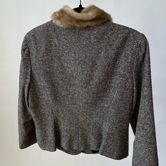 Vintage Sophisticated Brown Tweed Blazer Jacket  Faux Fur Trimmed Collar-12 P - Picture 6 of 9